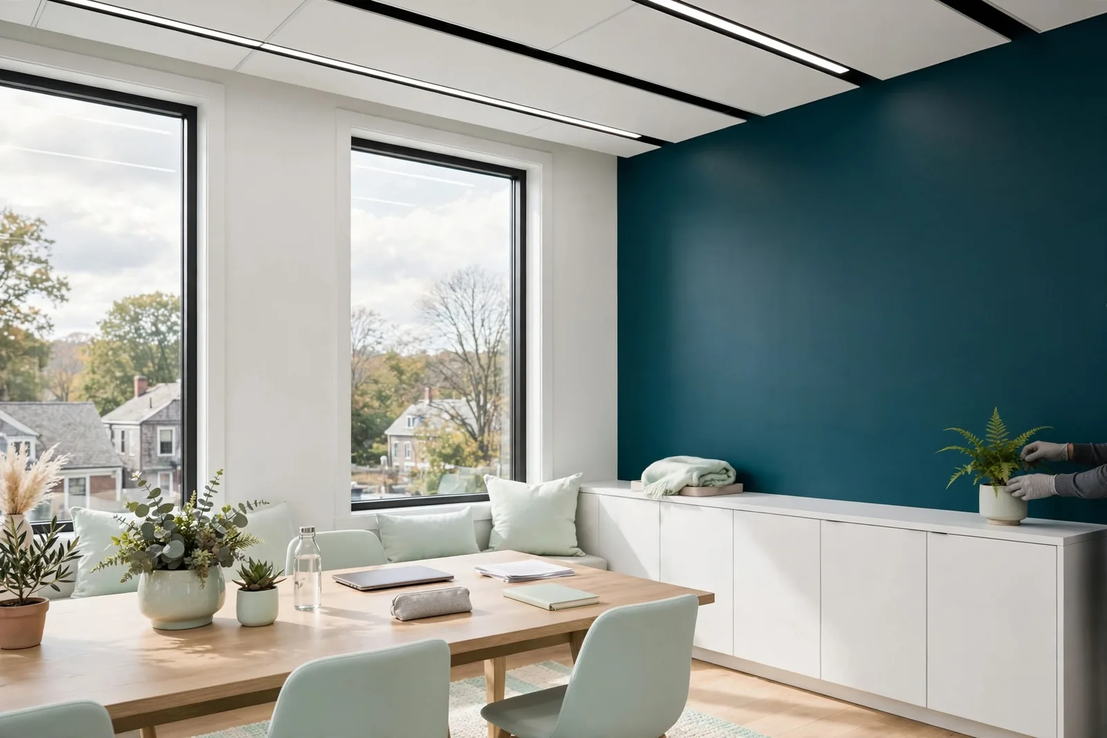 A bright commercial office with linear lights