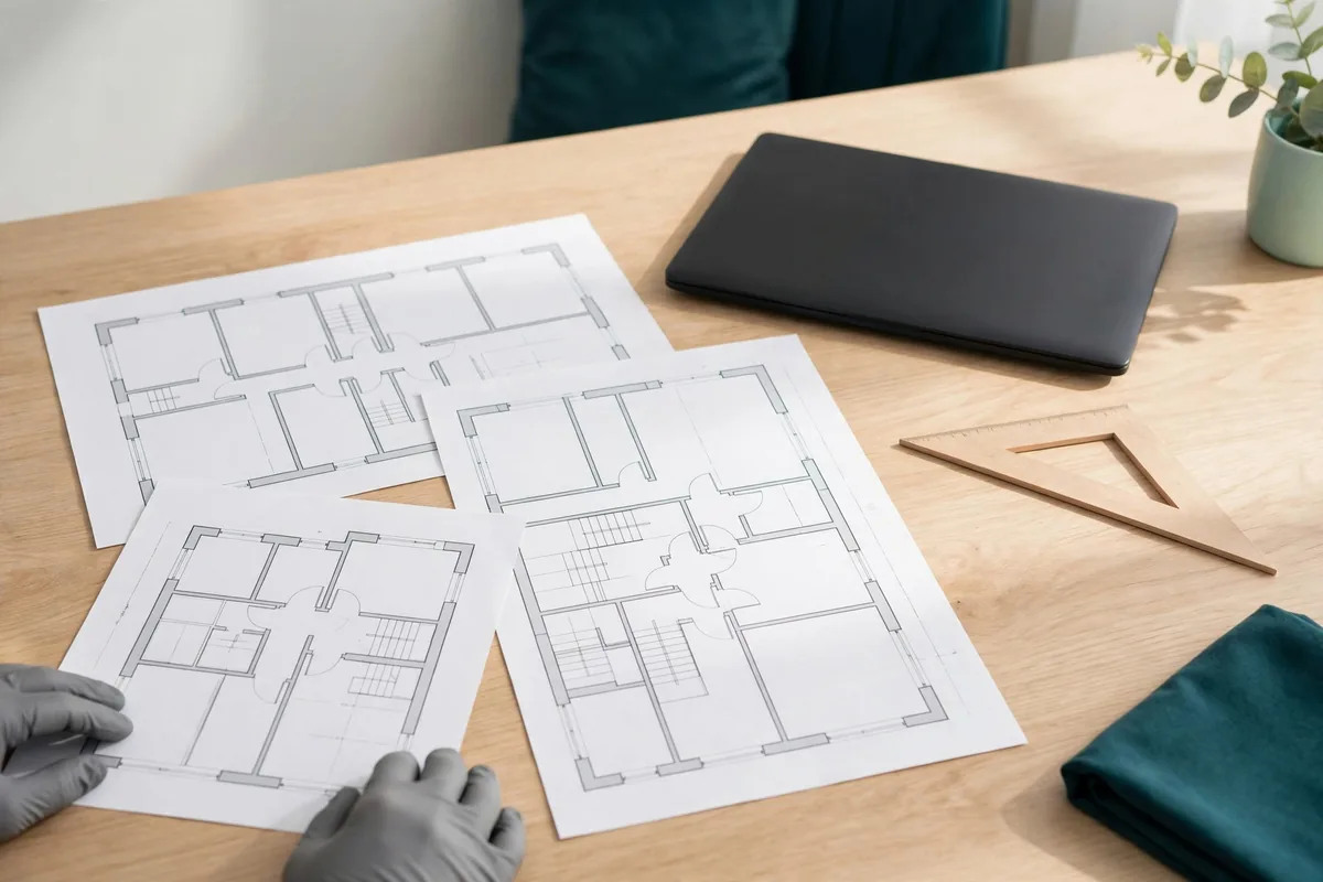 Plans and a laptop on a table