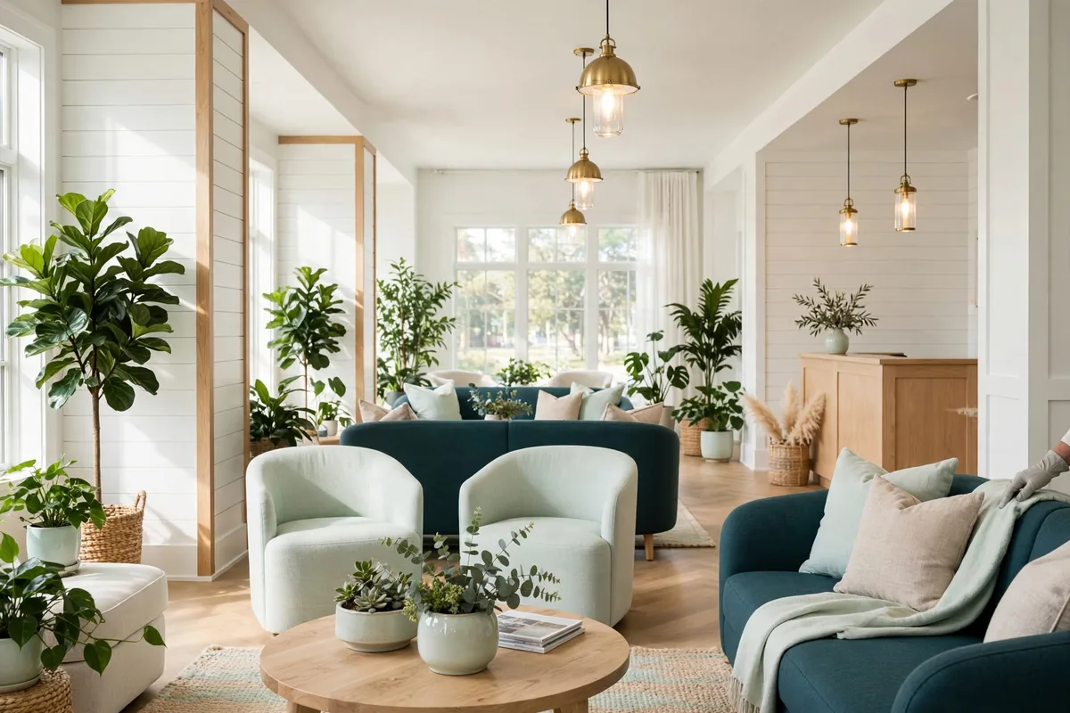 A bright hotel lobby
