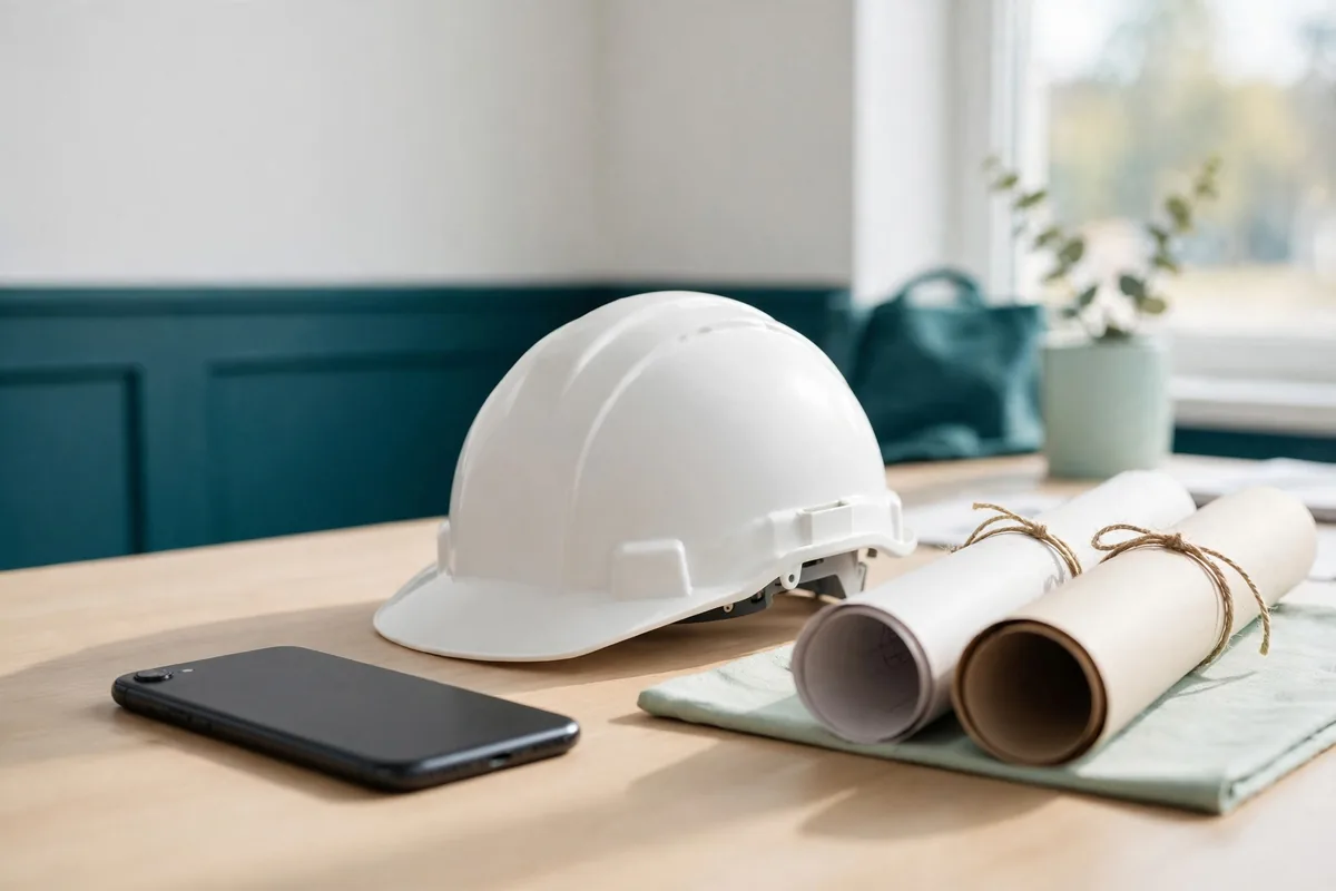 A phone beside a hard hat